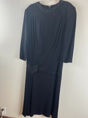 Rare 1940s Black Crepe Sequinned Dress Evening M/L